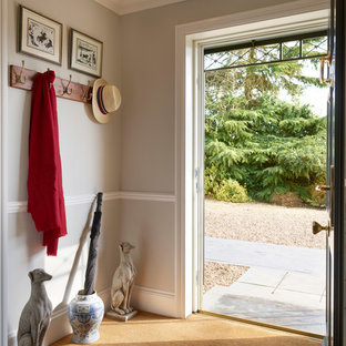 他の地域の中サイズの片開きドアトラディショナルスタイルのおしゃれな玄関 (グレーの壁、カーペット敷き、茶色い床) の写真