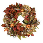 Creative Displays - 28" Hydrangea, Wheat and Pomegranate Fall Wreath - Welcome the cozy, vibrant hues of fall into your home with our beautiful hydrangea and pomegranate wreath. Handcrafted from high-quality grapevine, the wreath is adorned with decorations such as golden brown hydrangeas and orange heather mixed with wheat and bright orange pomegranates. Elegant ï¿½Thankfulï¿½ ribbon adds a welcoming touch to this stunning autumn display piece. Perfect for hanging in your entryway or living space, this wreath serves as a daily reminder to be thankful for all of lifeï¿½s blessings! You will love its unique combination of warm, inviting textures and colors that bring a touch of outdoors right into your home or office. From empty hallways and blank walls to lonely corners in the bedroom, this cozy, comforting piece of dï¿½cor is perfect all year round - but especially during those special holidays like Thanksgiving where families gather around the table. No maintenance required ï¿½ just place it up and enjoy!