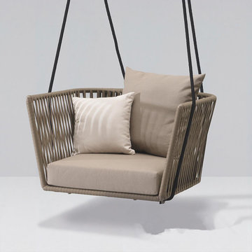 Rattan Porch Swing Chair Hanging Chair with Khaki Cushion Pillow