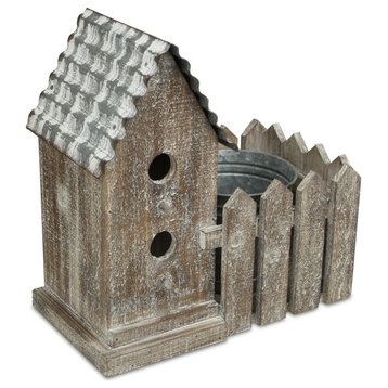 2 Story Bird house With Galvanized pot in yard