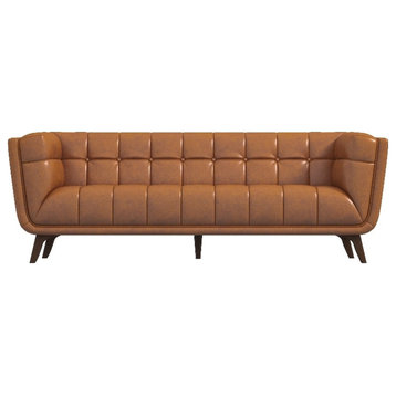 Catania Mid-Century Modern Tufted Genuine Leather Sofa in Cognac Tan