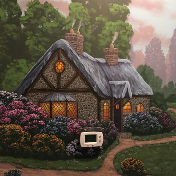 English Cottages Mural, hand painted in a foyer by Tom Taylor of Mural Art LLC