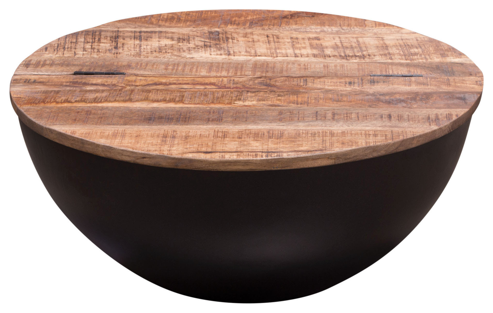 Salem Round Drum Storage Cocktail Table, Natural Mango Wood Top Black Metal Base - Rustic ...