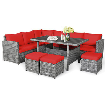 Costway 7 PCS Patio Rattan Dining Set Sectional Sofa Couch Ottoman Garden Red