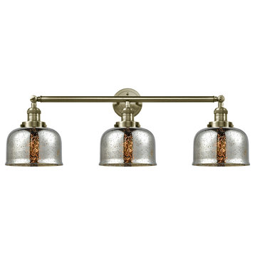 Large Bell 3-Light Bath Fixture, Antique Brass, Glass: Silver Mercury