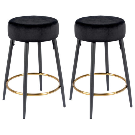 Minimalist Round Bar Stools, Black Velvet - 2 Pcs, 24 Inch