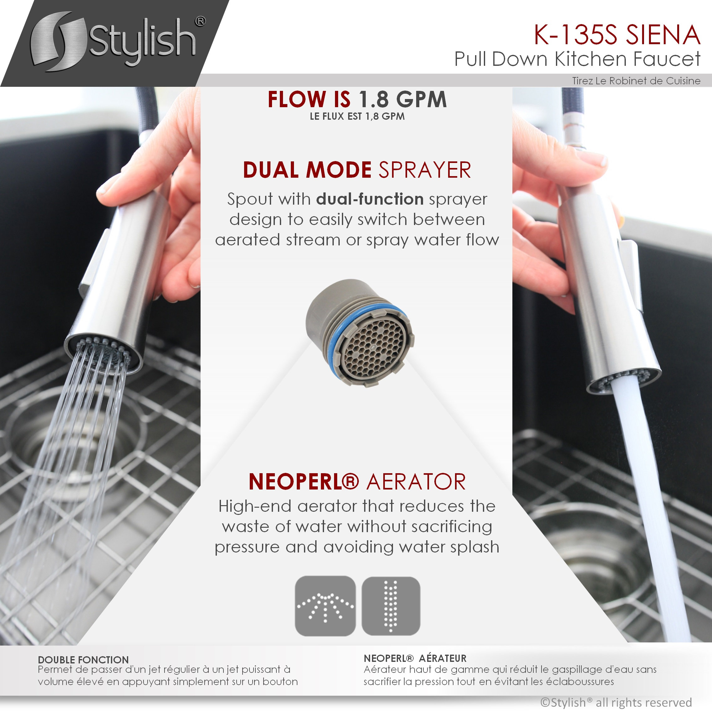 STYLISH Kitchen Sink Faucet Single Handle Pull Down Dual Mode Stainless Steel