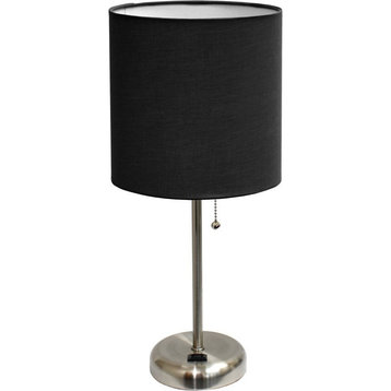LimeLights Silver Metal Stick Lamp w/ Power Outlet with Black Shade
