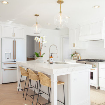 All White Transitional Kitchen with Herringbone Wood Floor