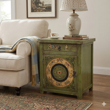 Distressed Sage Green Floral Graphic End Table Nightstand GB601
