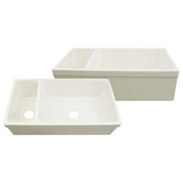 Large Quatro Alcove Reversible Fireclay Sink And Small Bowl, Biscuit