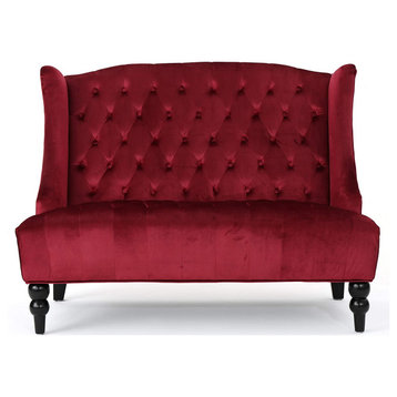 Modern Loveseat, Velvet Seat With Jewel Like Button Tufted Wingback, Wine