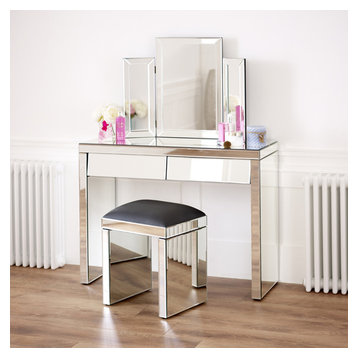 50s Style Angled 2 Drawer Mirrored Dressing Table Set with Black Stool