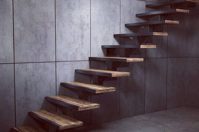 Свежая идея для дизайна: прямая деревянная лестница среднего размера в современном стиле с деревянными ступенями - отличное фото интерьера