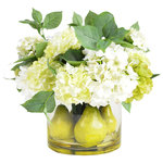 Creative Displays - Pear and Hydrangea Centerpiece Arrangement - Although the fresh hydrangeas and crisp pears look like they came straight from the garden, the Pear Flower and Fruit Arrangement, remarkably, is artificial. Adorn your kitchen table or freshen up a powder room with this beautiful fresh-cut arrangement that stays perfect year-round. Complete with vase, you are just one easy step away from simple elegance.