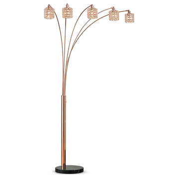 Flair Dimmable 5-Light Crystal Arch Floor Lamp, Rose Copper