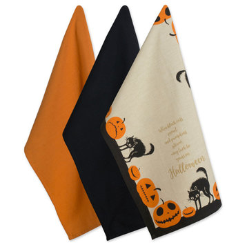 DII Assorted Jack-O'-Lantern Halloween Printed Dishtowel, Set of 3