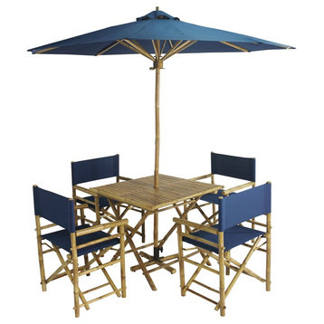 Bamboo Patio Set w/ 4 Navy Director Chairs +1 Square Table w/ Matching Umbrella