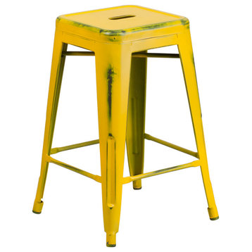 Backless 24" High Metal Counter Stool, Distressed Yellow Finish