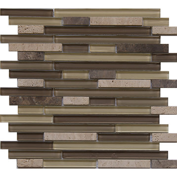 12"x12" Glass and Stone Mosaic Tile, Chocolate, Strips, Set of 5