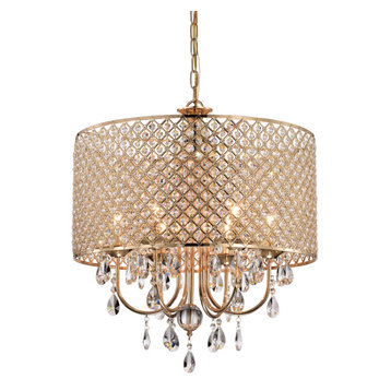 6-Light Gold Round Beaded Drum Chandelier With Hanging Crystals