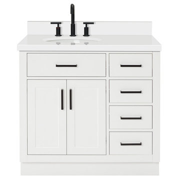 Ariel Hepburn 37" Left Oval Sink Vanity, White, 1.5" White Quartz