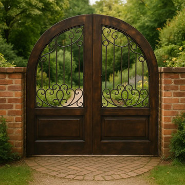 Classic Arched Wrought Iron Gate with Herringbone Brick Entry