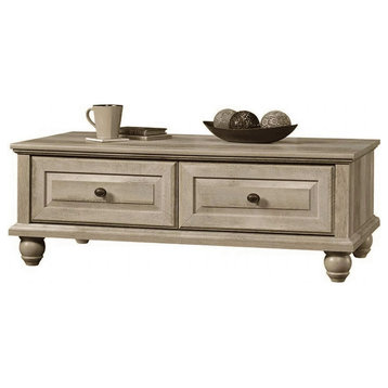 Traditional Coffee Table, Bun Feet and Large Top With 2 Drawers, Weathered Gray