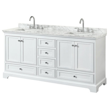Deborah 72" White Double Vanity, Carrara Marble Top, Square Sinks, No Mirror