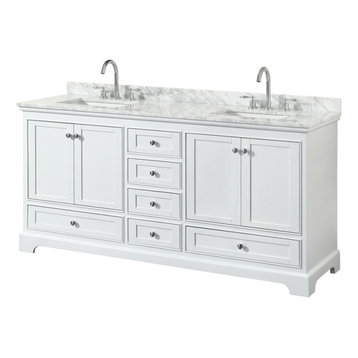 Deborah 72" White Double Vanity, Carrara Marble Top, Square Sinks, No Mirror