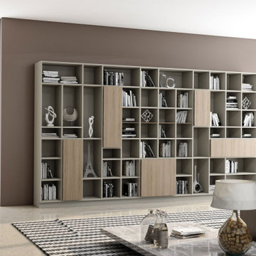 Living room bespoke shelving in woodgrain finish supplied by Inspired Elements