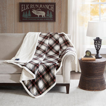 Woolrich Ridley Oversized Plaid Print Faux Mink to Berber Heated Throw, Black