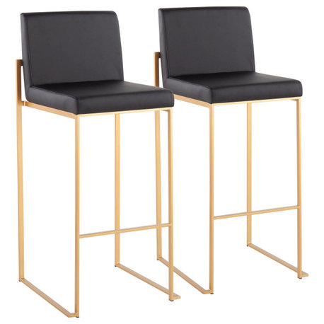 Fuji High Back Barstool, Set of 2, Gold Steel, Black PU