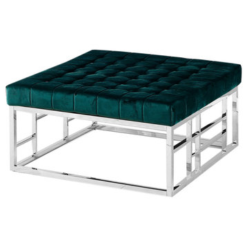 Green Velvet With Stainless Steel Square Accent Ottoman