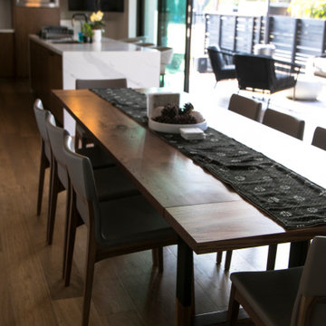 Expandable 'Blend' Walnut and Steel Dining Table // Wood-Capped Steel Legs