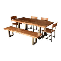 Live Edge Single Slab Modern Rustic Dining Table & Chair Set w Bench - Dining Sets
