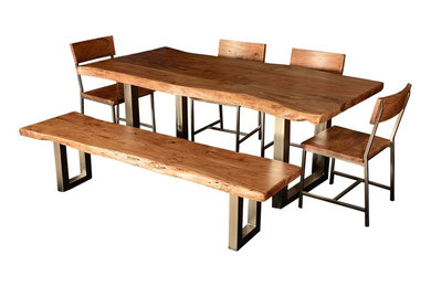 Live Edge Single Slab Modern Rustic Dining Table & Chair Set w Bench