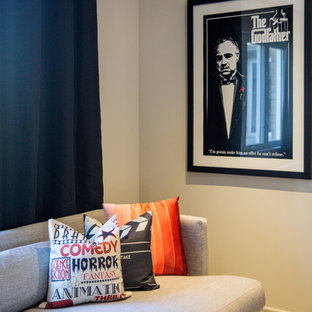 Example of a small asian open concept carpeted home theater design in Toronto with gray walls and a wall-mounted tv