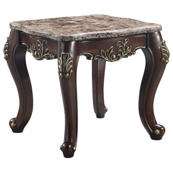 ACME Ragnar Wooden Square End Table in Brown Marble Top and Cherry