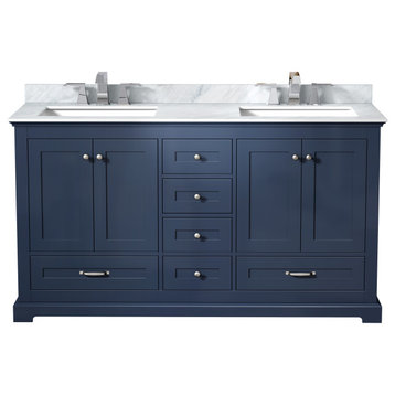 Dukes 60" Navy Blue Double Vanity, White Carrara Marble Top, Sinks,no Mirror