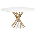 Jonathan Adler - Electrum Dining Table, White Marble - Our Electrum Dining Table features a swirling constellation of polished brass and polished nickel rods. Comfortably seats six or moonlights as a fab game table for an unused corner of your living room. We offer a range of couture tabletops that complement this base, including white marble for your Park Avenue penthouse, black marble for your bold bachelor pad, and glossy lacquer for your West Village aerie.