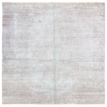 Silver Broken Persian Design Hand Knotted Wool and Silk Square Rug, 12'0"x12'0"