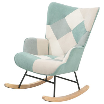 Mid Century Fabric Rocking Chair With Wood Legs and Patchwork Linen, Blue