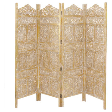 Foldable Room Divider, 4 Panels Design With Intricate Floral Carved Mango Wood