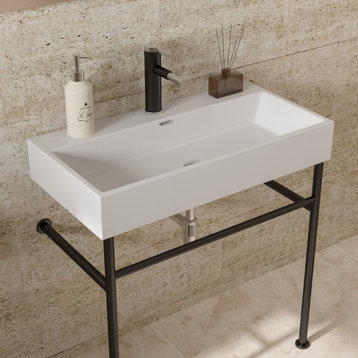Rectangle Ceramic Console Bath Sink, Overflow, Black, 30 Inch