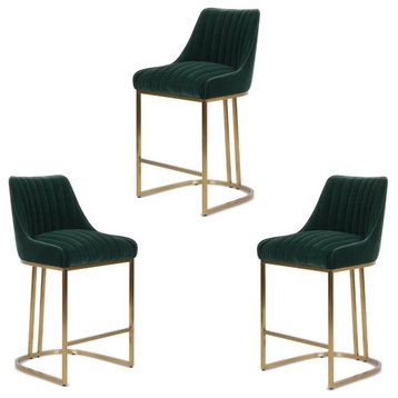 Home Square 3 Piece Velvet Counter Height Bar Stool Set in Forest Green