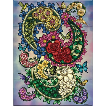 Ceramic Tile Mural, Paisley Flowers With Red Roses, by Jess Perna