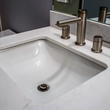 Guest Bathroom Featuring White Icing Vanity and Alabaster Marble Shower