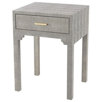 Metal and Wood Accent Side Table Drawer in Grey Faux Shagreen 4 Metal Legs 16