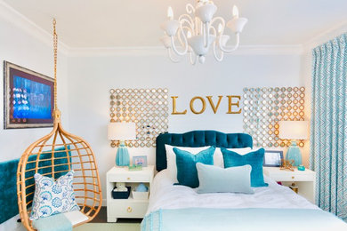 Mid-sized trendy girl light wood floor and beige floor kids' room photo in Orange County with gray walls
